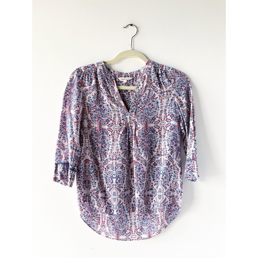 Rebecca Taylor 100% Silk Floral Paisley Split Neck Peasant Blouse Blue Pink 0